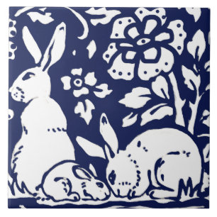 Carreau Marine Blue White Rabat Lièvre Bois Animal Trivet