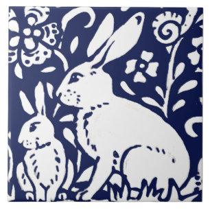 Carreau Marine Blue White Rabat Lièvre Bois Animal Trivet