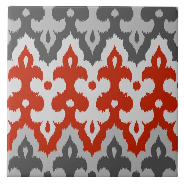 Carreau Marocain Ikat Damask, Graphite Grey et Rouge (Devant)