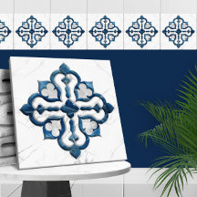 Marocain Quatrefoil Bleu et Marbre blanc