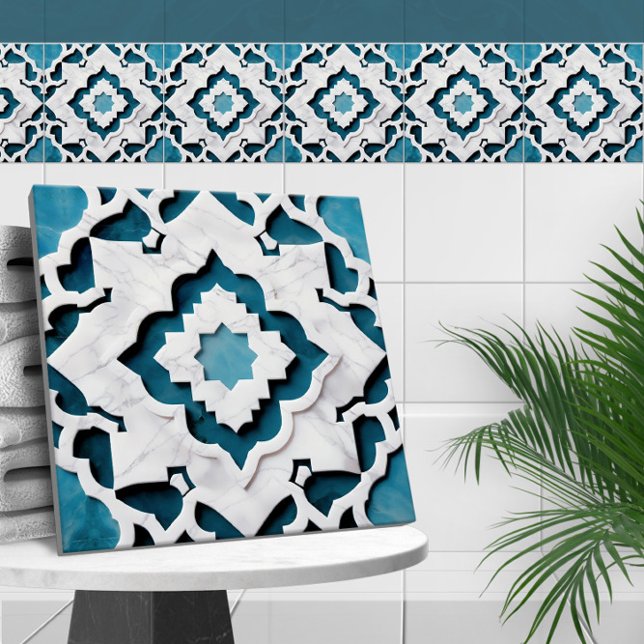 Carreau Marocain Quatrefoil Bleu et Marbre blanc (Créateur téléchargé)