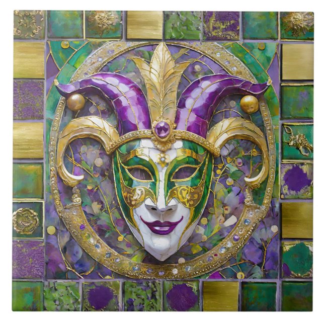 Carreau Masque de Jester Mardi Gras Violet Vert Or (Devant)