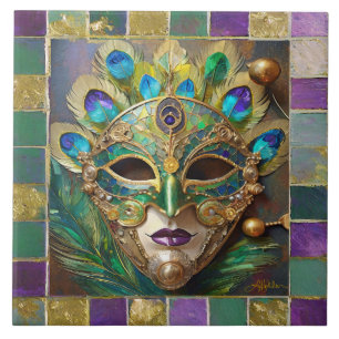 Carreau Masque de plumes de paon en céramique Mardi Gras G