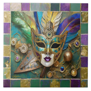Carreau Masque en céramique à troisième œil de Mardi Gras 