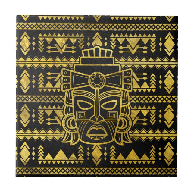Carreau Masque maya d'Inca aztèque d'or (Devant)