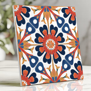 Carreau Médaille Florale Talavera Mexicaine Cobalt Orange