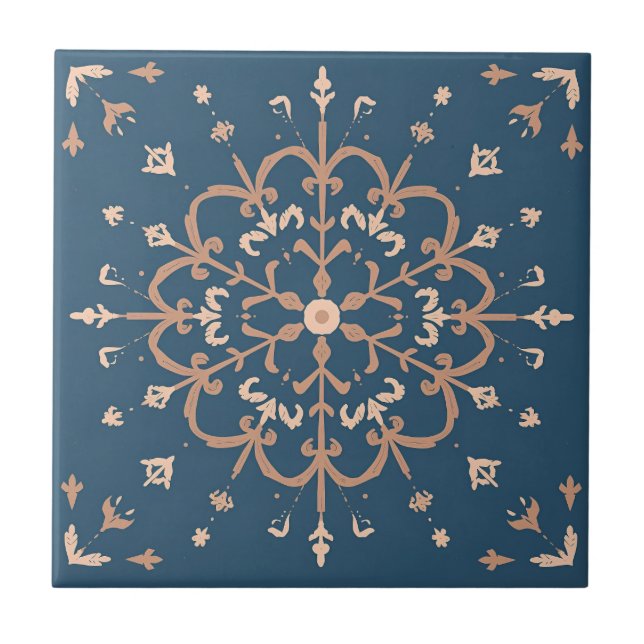 Carreau Médaillon Bleu Méditerranéen de luxe & Tan Motif (Devant)