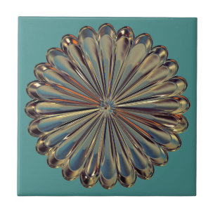 Carreau Médaillon d'or et de fleurs turquoises Art déco