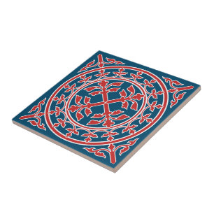 Carreau Médiéval Rouge Blanc Bleu Feuilles Romane