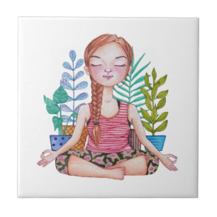 Carreau Méditer la fille avec les Plantes