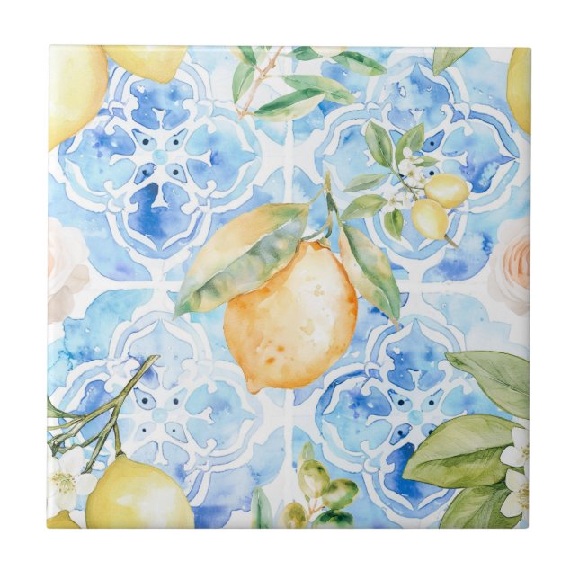 Carreau Mediterranean Blue Tile Yellow Lemon Watercolor (Devant)