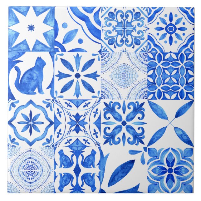 Carreau Mediterranean Blue White Tile Pattern Watercolor  (Devant)