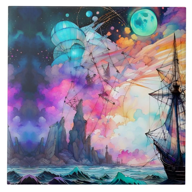 Carreau Mer orageuse, bateau futuriste Lune Abstraite (Devant)