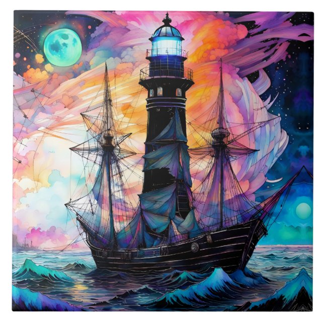 Carreau Mer orageuse, phare de bateau Lune Abstrait (Devant)