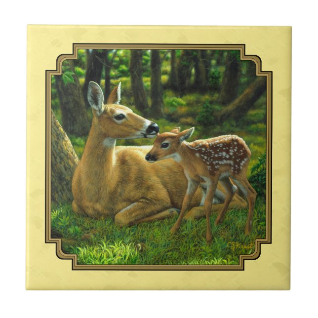 Carreau Mère et bébé Cerf blanc Jaune (Devant)
