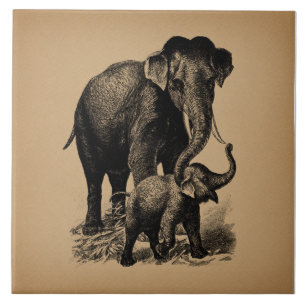 Carreau Mère et bébé Eléphant Art Vintage