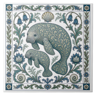 Carreau Mère et bébé lamantin magnifiques, vintage orné