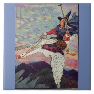 Carreau Mère Oie des années 1920 chevauchant sa gigantesqu