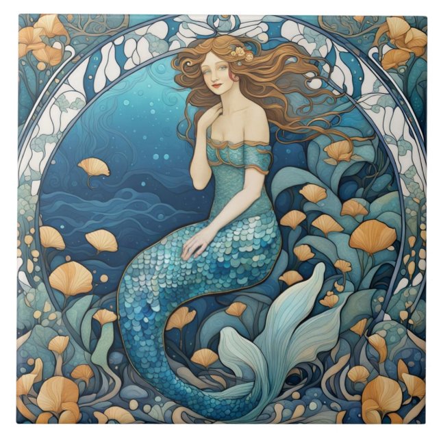 Carreau Mermaid Art Nouveau Aqua Bleu Turquoise Art Déco (Devant)