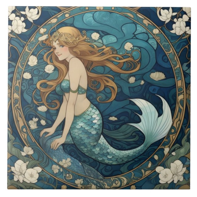 Carreau Mermaid Art Nouveau Art Déco Style Bleu (Devant)