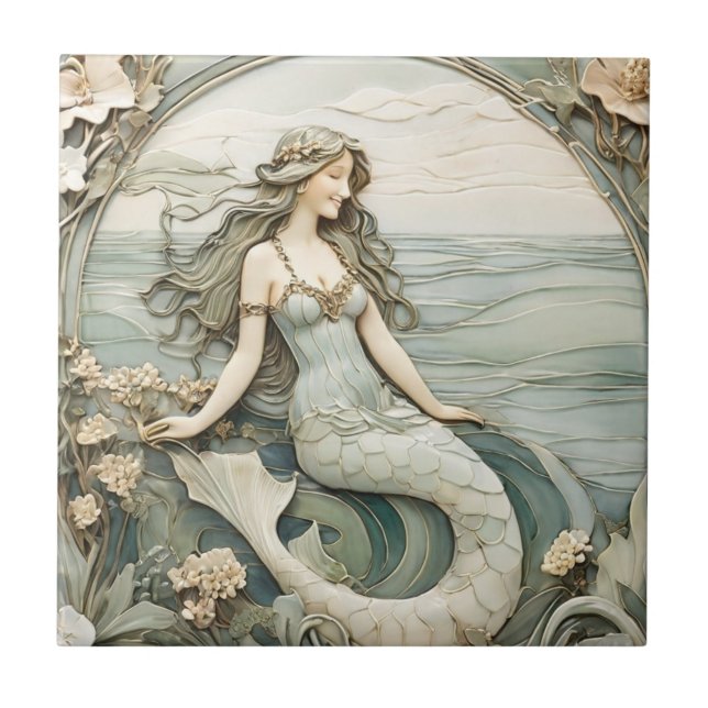 Carreau Mermaid Art Nouveau Faux Relief Mint R Ocean Sea (Devant)