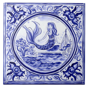 Carreau Mermaid Bleu et blanc Art folklorique méditerranée