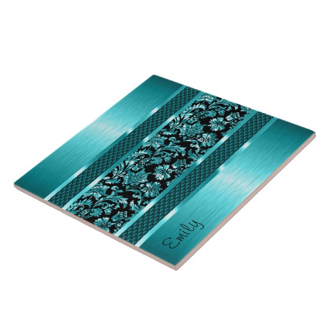 Carreau Métal Turquoise Et Noir Damas Et Métal (Côté)