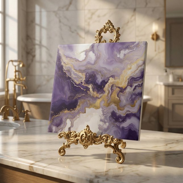 Carreau Metallic Liquid Art Purple & Gold Marble Agate (Créateur téléchargé)
