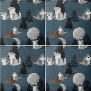 Carreau Meute de loups mignons ciel nocturne bois lune