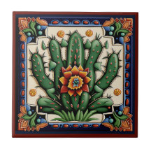 Mexicain Huichol style cactus céramique tuile 12/1