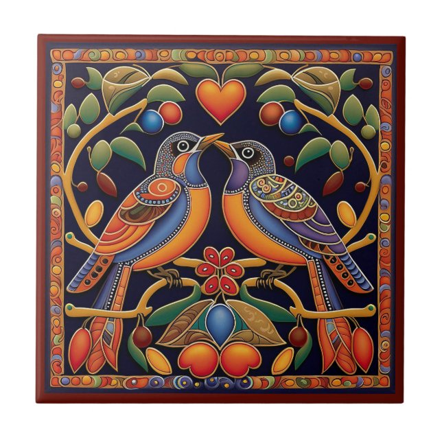 Carreau Mexicaine Huichol style inséparable céramique tuil (Devant)