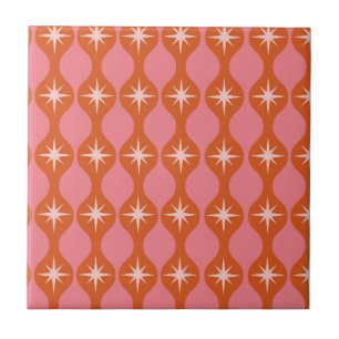 Carreau Mi-siècle Starburts sur Orange Pink Ogee Motif