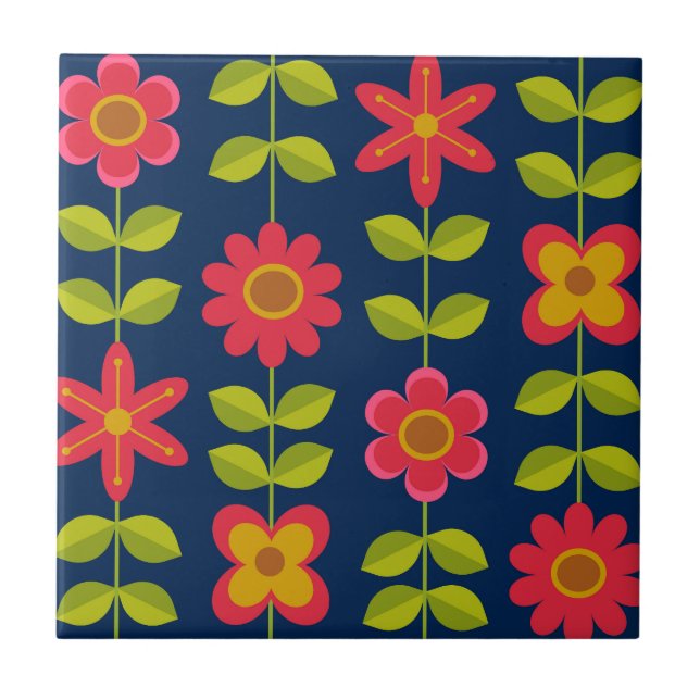 Carreau Mid Century Fleurs rouges modernes avec feuilles (Devant)