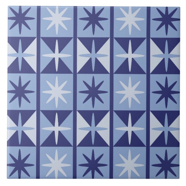 Carreau Mid Century Modern Starburst Pattern in Blues (Devant)