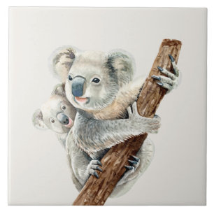 Carreau Mignonne maman et bébé aquarelle Koala sur brun cl
