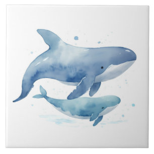 Carreau Mignonne maman et bébé baleine Aquarelle Océan Mer