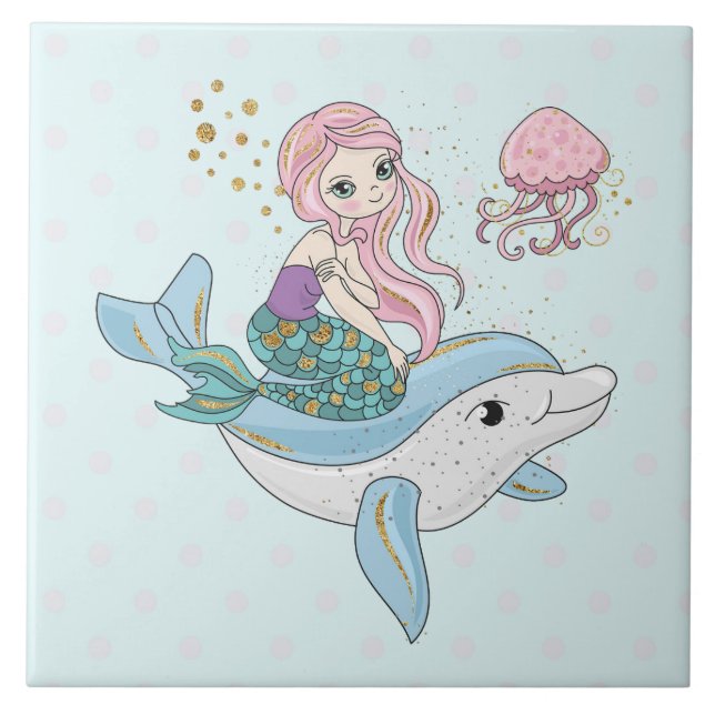 Carreau Mignonne sirène chevauchant un dauphin sous la mer (Devant)