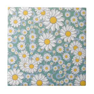 Carreau Mignonnes marguerites blanches sur fond sarcelle p
