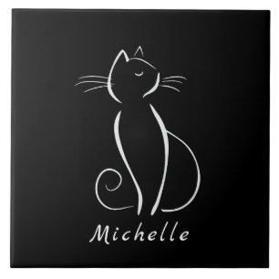 Carreau Minimaliste Chat Blanc Sur Noir Ajouter Nom