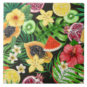 Carreau Mix-fruits tropicaux, fleurs et feuilles en noir