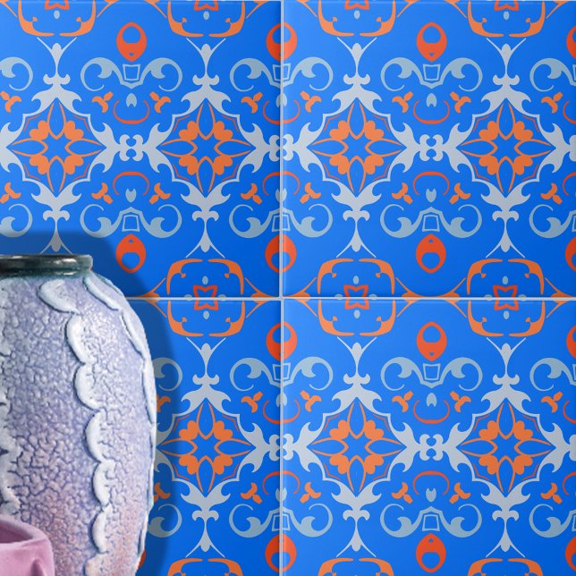 Carreau Modèle bleu méditerranéen Orange Damas (Créateur téléchargé)
