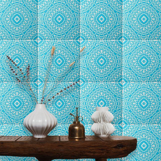Carreau Modèle de damas orné turquoise et blanc de Bohême (Créateur téléchargé)
