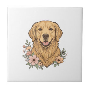 Carreau Modèle de gravure vintage floral Golden Retriever_