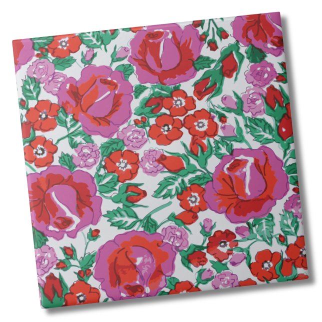 Carreau Modèle floral rose Rose (Elegant Botanical Rose Pink Red Floral Pattern ceramic tile)