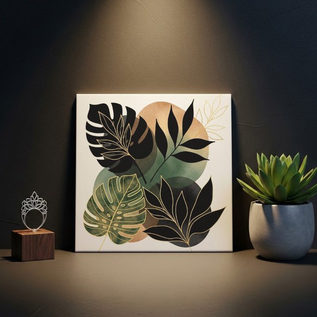 Carreau Modern Botanical Abstract Art Black and Gold Leave (Créateur téléchargé)