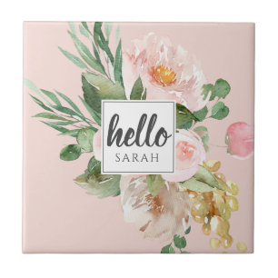 Carreau Modern Watercolor Pink Flowers & Hello & Nom