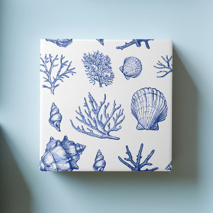 Carreau Moderne Bleu Blancs Coquillages Corail Océan Motif