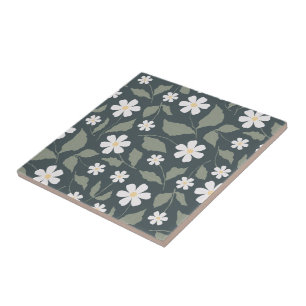 Carreau Moderne Ferme Fleur de Marguerite Bleu Vert Foncé