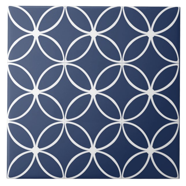 Carreau Moderne, pétales ornementaux, bleu marine, blanc (Devant)