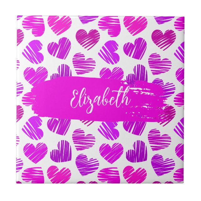 Carreau Moderne Purple Rose Doodled Hearts Valentine Nom (Devant)